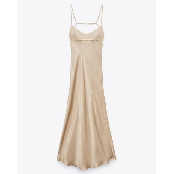 Zara Satin Effect  Slip Dress Beige Cream - Picture 9 of 12